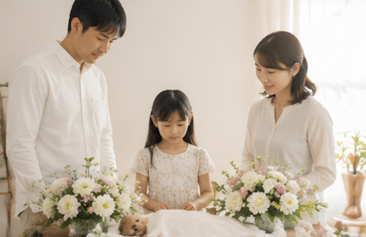 家族が立ち会いお花を供えてお見送りする穏やかなセレモニーの写真